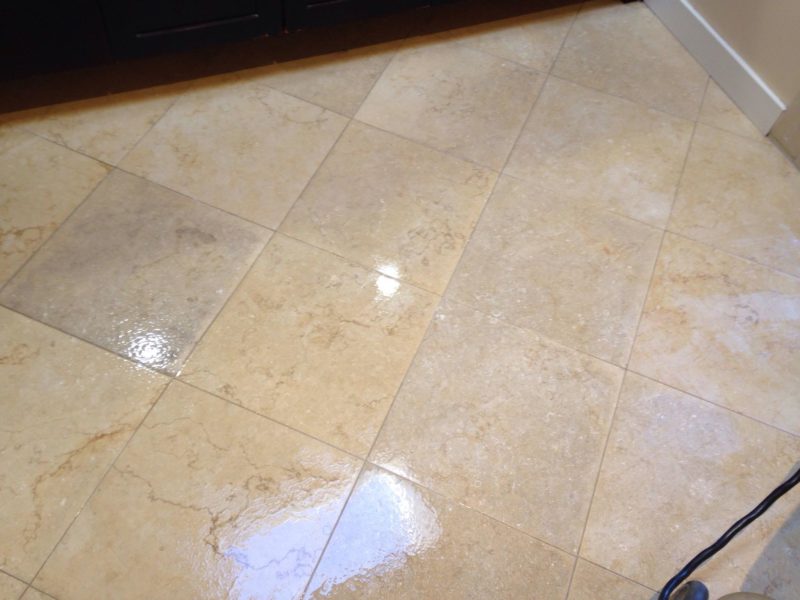 Kitchen natural stone floor tile and grout deep clean in Menlo Park